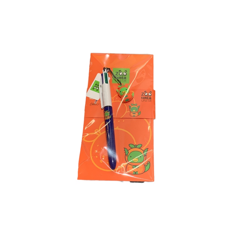 Blocchetto a righe Tinta Unita Zoo con penna Bic 4 colori e charms arancio